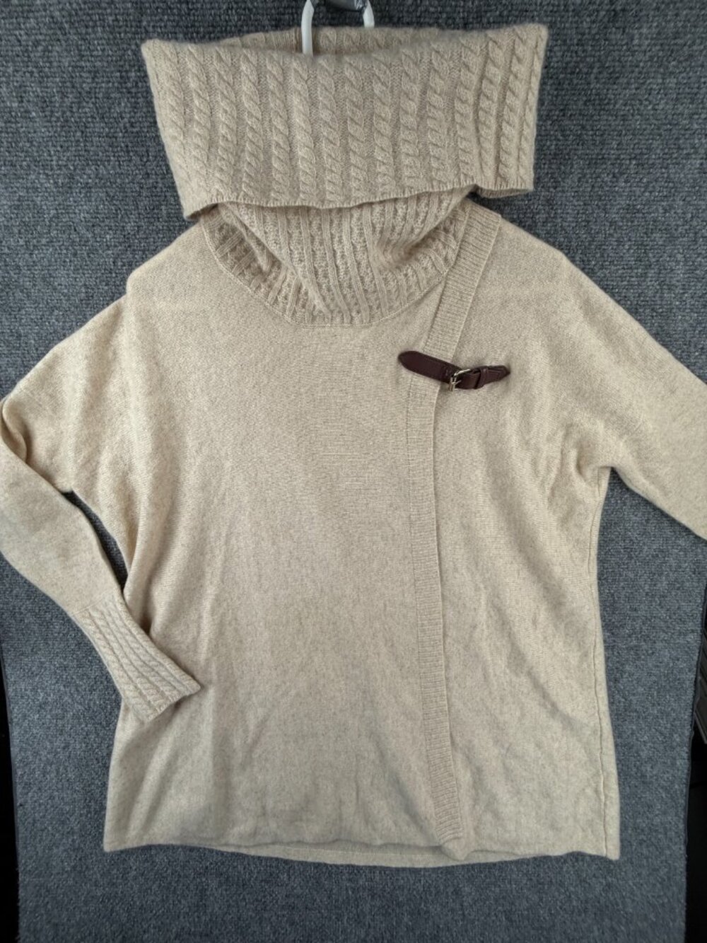 Saks Fifth Avenue All Cashmere Turtleneck Cardigan Sweater Beige XS Belt Wrap